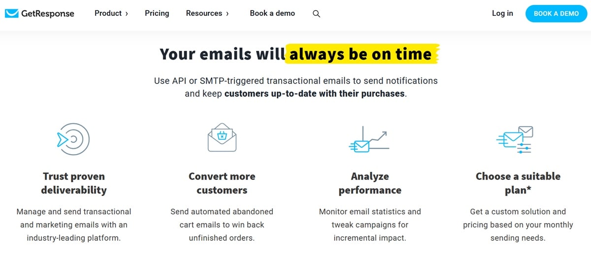 GetResponse transactional email service dashboard showing API and SMTP integration options for automated order confirmation email delivery